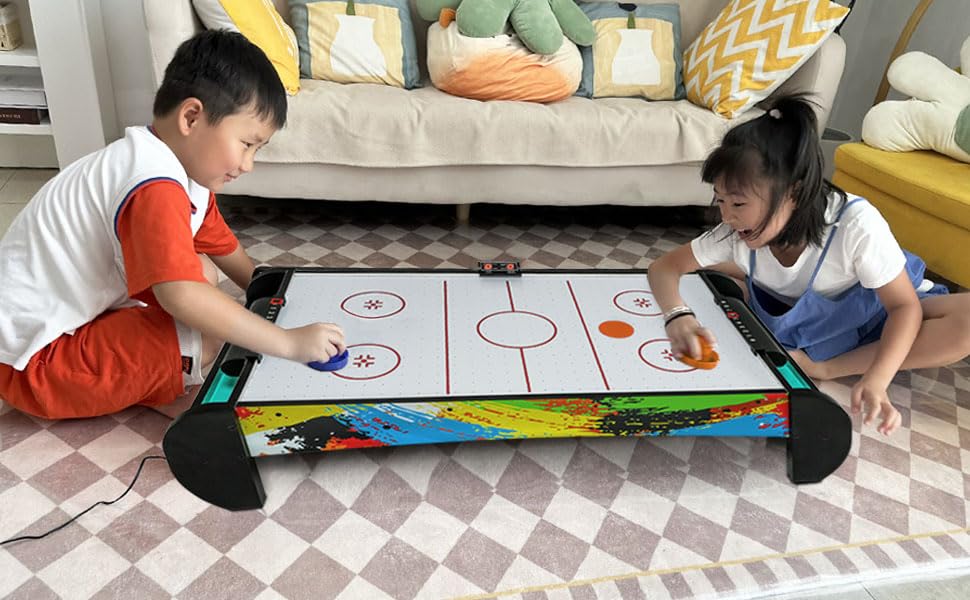 Air Hockey Table for Kids | Tabletop Air Hockey for Children, Girls, Boys, Teens with Air Hockey Pucks and Paddles, Electronic Fans - color: Green/Black