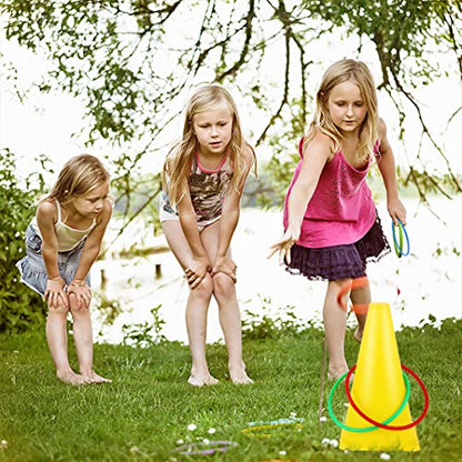 51 Pcs Carnival Outdoor Games Set Potato Sack Race Bags 3 Legged Race Bands Egg and Spoon Game Colorful Rings Cone Throwing Game with Prizes and Whistles for Family Yard Lawn Birthday Party Games