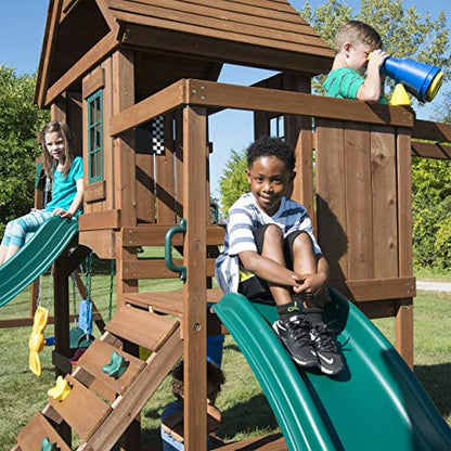 Swing-N-Slide WS 8354 Knightsbridge Super Wooden Swing Set with Two Slides, Play Set, Monkey Bars, Climbing Wall, Music Play & Climbing Wall, Wood, Green