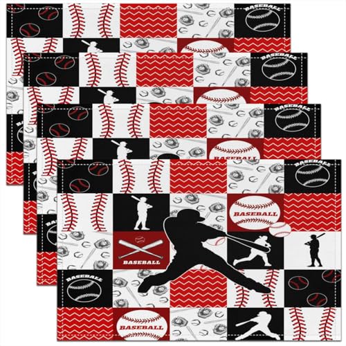 Castle Fairy Baseball Kids Placemats Set of 4,Abstract Athlete Silhouette Table Place Mats,Outdoor Sport Lover Kitchen Decor,Red Black Placemat Kitchen Table Decoration 12"x18" - color: Red Black