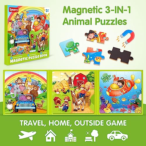 SYNARRY Magnetic Puzzles for Kids Ages 3-5, 20 Pieces Toddler Animal Puzzles for Kids Ages 4-6, Easter Basket Stuffers Gifts for Kids, Car Airplane Road Trip Activities Magnet Games Toy for Boys Girls - style: Animal