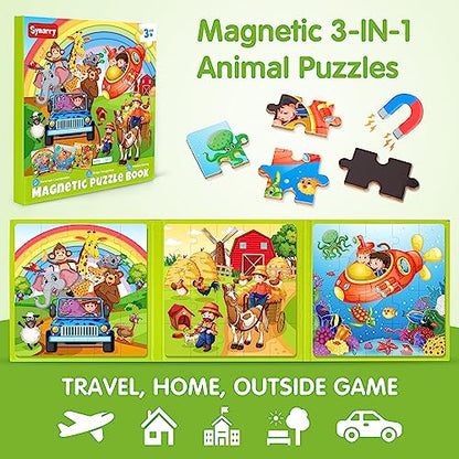 SYNARRY Magnetic Puzzles for Kids Ages 3-5, 20 Pieces Toddler Animal Puzzles for Kids Ages 4-6, Easter Basket Stuffers Gifts for Kids, Car Airplane Road Trip Activities Magnet Games Toy for Boys Girls - style: Animal