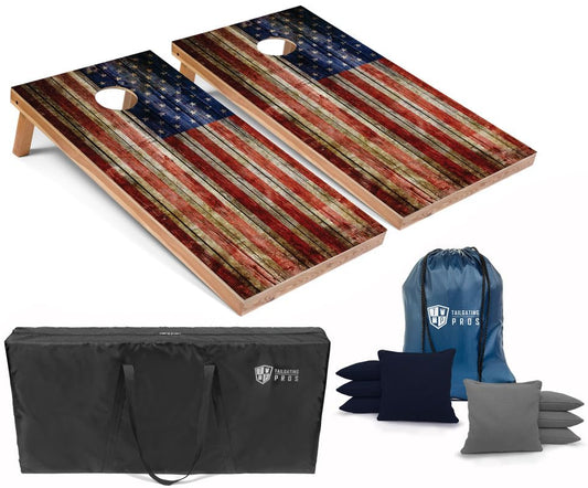 Tailgating Pros American Flag Wooden Plank Design Cornhole Board Set w/Bean Bags and Carrying Case - 4'x2' Corn Hole Toss Game - color: Navy / Grey