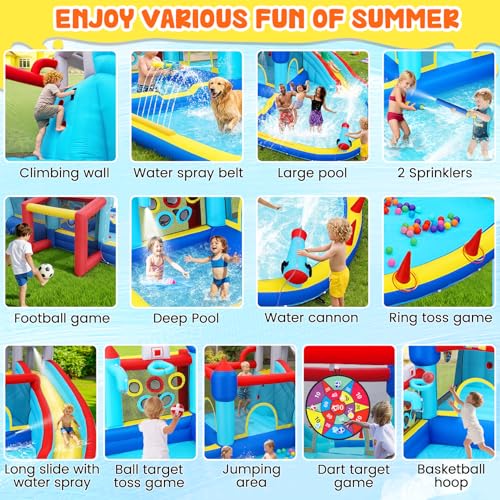 Whubefy 15x14.5ft Bounce House Water Slide Park, 13in1 Huge Blow up Waterslides Inflatable for Kids Backyard w/750W Blower, Pool, Soccer Goal, 5-hole Target Toss Game, Dart Board for Big Kids 8-12 3-6
