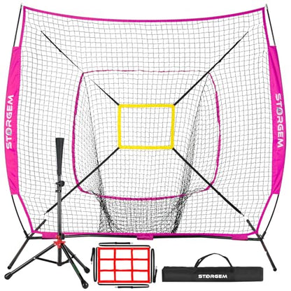 Storgem Baseball and Softball Practice Net 7×7ft Portable Hitting Pitching Batting Training Net Baseball Backstop Net with Batting Tee and Strike Zone and Bow Frame - color: Purple