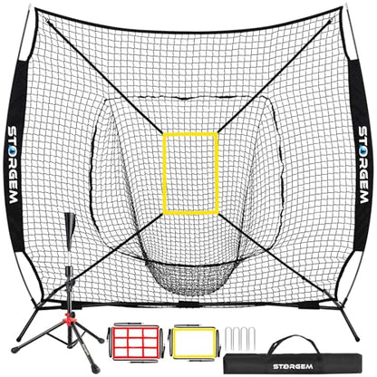 Storgem Baseball and Softball Practice Net 7×7ft Portable Hitting Pitching Batting Training Net Baseball Backstop Net with Batting Tee and Strike Zone and Bow Frame - color: Black Pro