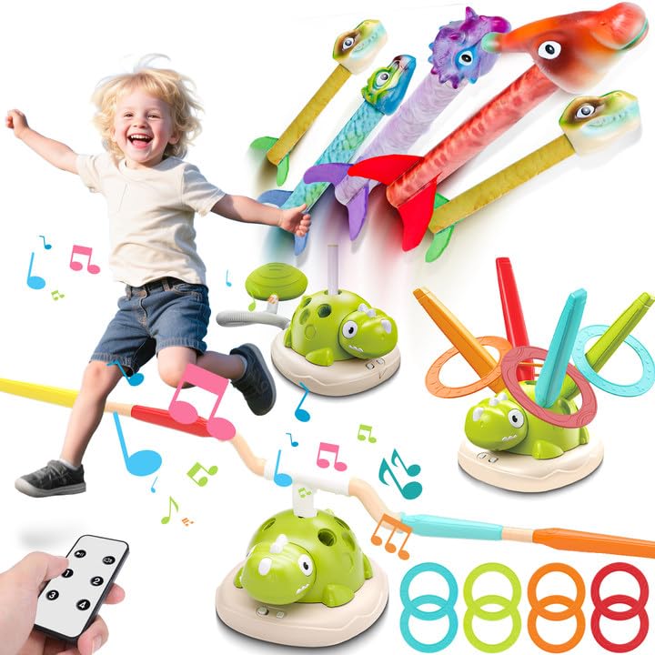 Aliex 3 in 1 Dinosaur Rocket Launcher for Kids, Musical Jump & Ring Toss Toys with Remote Control, Outdoor Outside Indoor Active Games Toys for Boys Girls, Birthday Gifts for 3 4 5 6 7 8 Year Old
