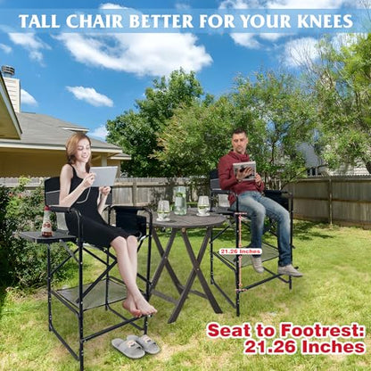 Tall Folding Director Chair 30.7" Seat Height Foldable Bar Stool for Makeup Artist Face Painting with Side Table Carry Bag and Cosmetic Bag Supports 250LBS - color: Black