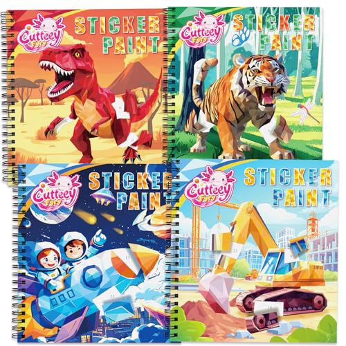 4PCS Paint by Number Sticker Book - Kids Crafts & Acitivity Puzzles Book for Ages 4-10,Mess-Free Travel Toys for Road Trip & Airplane,Perfect Gifts & Basket Stuffers for Kids - color: Fierce Animals,dinosaur,vehicle,spcace