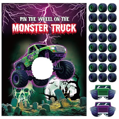 Faccito Monster Truck Birthday Games Pin The Wheel on The Monster Truck Green and Purple Trucks Poster with Stickers Blindfolds for Birthday Decorations Cars Party Games Activities Supplies - style: Truck