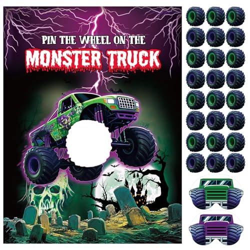 Faccito Monster Truck Birthday Games Pin The Wheel on The Monster Truck Green and Purple Trucks Poster with Stickers Blindfolds for Birthday Decorations Cars Party Games Activities Supplies - style: Truck