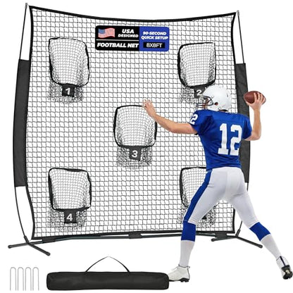 7x7ft/8x8ft Football Throwing Net, Quarterback Training Equipment with 5 Target Pockets, Includes Football, Portable Carry Bag - color: Black, size: 8x8ft
