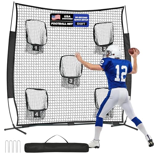 7x7ft/8x8ft Football Throwing Net, Quarterback Training Equipment with 5 Target Pockets, Includes Football, Portable Carry Bag - color: Black, size: 8x8ft