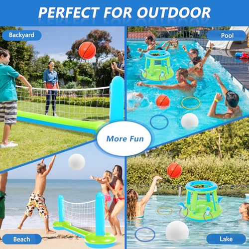 Jasonwell Pool Toys Games Set - 3 in 1 Pool Volleyball Net Basketball Hoop Ring Toss Game Inflatable Floats Water Floating Volleyball Swimming Pools Games Party Gift for Kids Adults (Green&Blue, XL)