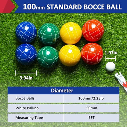 ropoda 100mm Bocce Ball Set Regulation Size and Weight with 8 Resin Bocce Balls, 50 mm Pallino, Carrying Bag, Measuring Rope, Backyard/Lawn/Beach/Outdoor, Bocci Games (Multi Colors, 2-8 Players) - size: 100mm