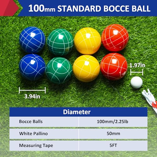 ropoda 100mm Bocce Ball Set Regulation Size and Weight with 8 Resin Bocce Balls, 50 mm Pallino, Carrying Bag, Measuring Rope, Backyard/Lawn/Beach/Outdoor, Bocci Games (Multi Colors, 2-8 Players) - size: 100mm