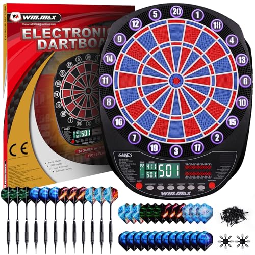 WIN.MAX Electronic Dart Board Soft Tip Dartboard Set LED Displays 3 Languages with 12 Darts 100 Tips Power Adapter - color: RED/BLUE WITH LIGHTS 2026