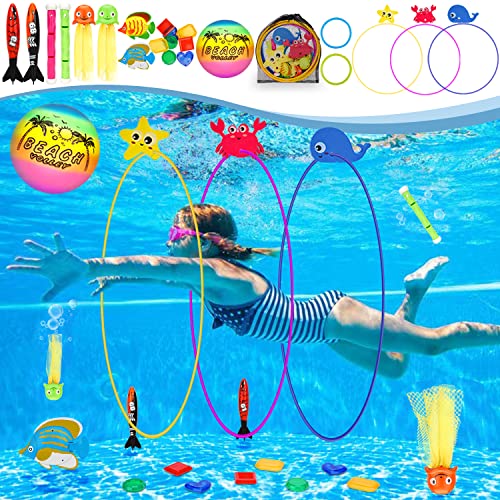 DAUXONE Diving Toys, 27 Pcs Pool Toys with Swim Thru Rings for Kids Age 3-12, Dive Sticks, Rings, Gem, Octopus, Torpedo, Mesh Bag Include