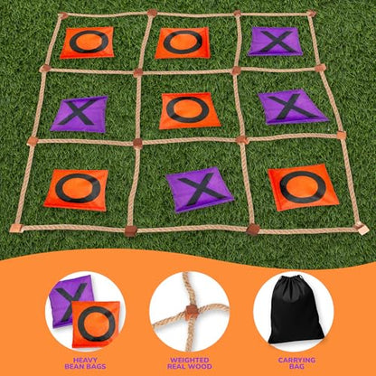 Gamie Giant Tic Tac Toe Game Outdoor - 3 x 3 Feet - Includes Rope Grid, 10 Bean Bag Play Pieces, and 1 Drawstring Carry Bag - Large Yard Games - Outdoor Game for Patio, Picnic, Camping