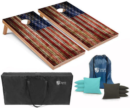 Tailgating Pros American Flag Wooden Plank Design Cornhole Board Set w/Bean Bags and Carrying Case - 4'x2' Corn Hole Toss Game - color: Baby / Charcoal