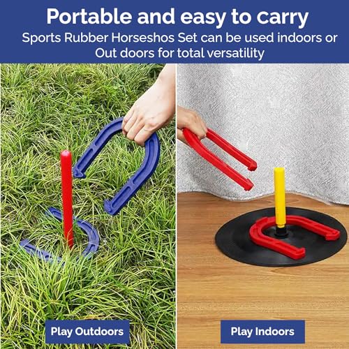 Indoor Outdoor Rubber Horseshoes Set: 4 Horseshoes, 2 Pegs, 2 Rubber Mats, 2 Red Plastic dowels & 1 Mesh Bag | Perfect for Tailgate, Beach, Parks, Picnics, Backyard, Fun for Kids Adults