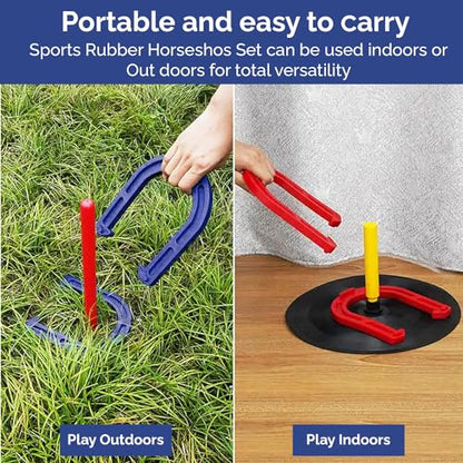 Indoor Outdoor Rubber Horseshoes Set: 4 Horseshoes, 2 Pegs, 2 Rubber Mats, 2 Red Plastic dowels & 1 Mesh Bag | Perfect for Tailgate, Beach, Parks, Picnics, Backyard, Fun for Kids Adults