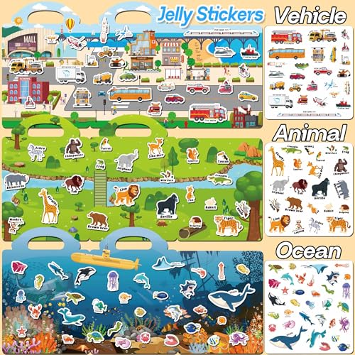 iGetooy 6 Sets Reusable Sticker Book for Toddlers 1-3, Jelly Sticker Books for Toddlers 2-4 Years, Toddler Travel Toys for Kids 2 3 4 Year Old Girls Boys