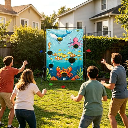 Ocean Toss Game Birthday Party Supplies Bean Bag Toss Game for Adults, Washable Heavy Duty Outdoor Indoor Throwing Theme Party Game Banner with 3 Bean Bags and 19.6ft String