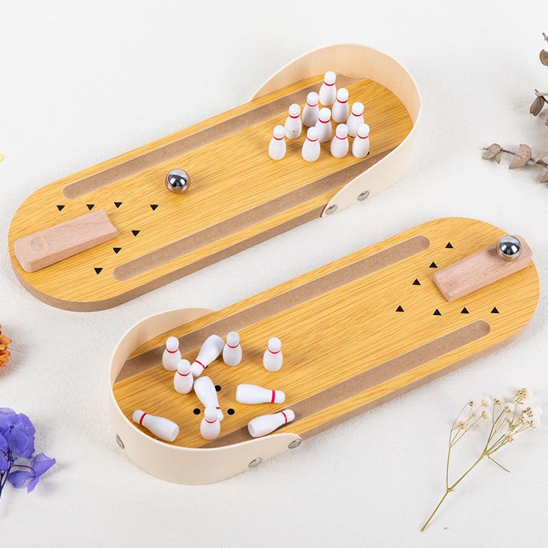 Wooden Mini Desktop Bowling Game Set with Pins and Ball | Stress-Relieving Play, Tabletop Size, Includes 10 Pins, Steel Ball Included, Kids & Adults