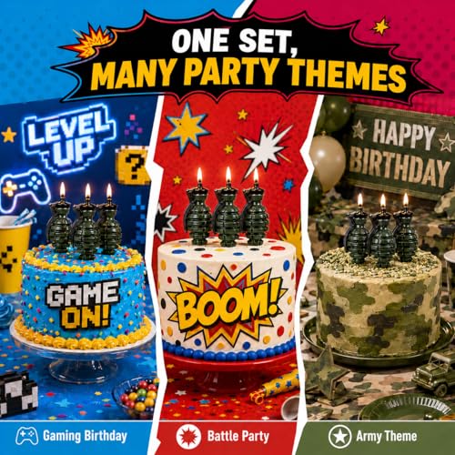 3D Grenade Birthday Candles Set of 3 with Gift Box – Gaming Cake Topper for Battle, Level Up, Army & Video Game Themed Birthday Party Decorations for Boys, Teens & Gamers