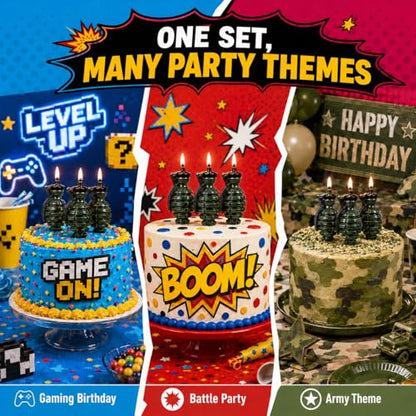 3D Grenade Birthday Candles Set of 3 with Gift Box – Gaming Cake Topper for Battle, Level Up, Army & Video Game Themed Birthday Party Decorations for Boys, Teens & Gamers