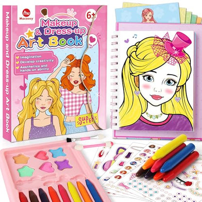 Mocoosy Makeup Art Craft for kids Ages 4-8, Pretend Play Makeup Coloring Activity Book with Stickers, Fashion Design Sketchbook, Travel Game Airplane Car Road Trip Toy Birthday Gift for Girl 5 6 7 8 9