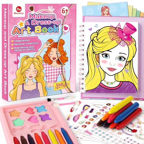 Mocoosy Makeup Art Craft for kids Ages 4-8, Pretend Play Makeup Coloring Activity Book with Stickers, Fashion Design Sketchbook, Travel Game Airplane Car Road Trip Toy Birthday Gift for Girl 5 6 7 8 9