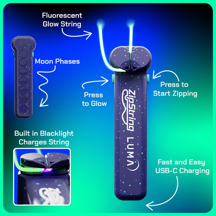 ZipString Luma - The Patented Glow-in-The-Dark Toy that Flies a Loop of String Classic - Featured String Rope Launcher Loop Fidget Toy, Bundle