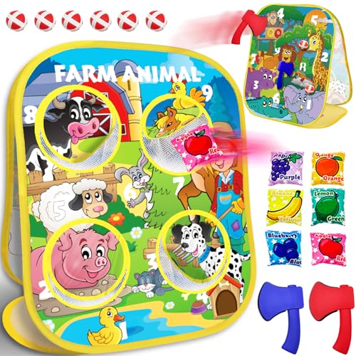 3-in-1 Farm Animal Bean Bag Toss Game for Boy Toddler Ages 3 4 5 Year Old, Cornhole Bags Set for 3-5 Preschool Kid, Outdoor Play Outside Toys in Backyard Lawn, Indoor Family Party Game, Birthday Gifts - style: Farm