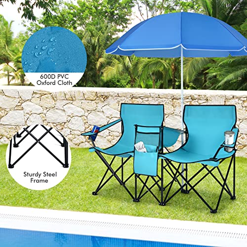 LUARANE Folding Double Camping Chair, Outdoor Picnic Chairs w/Removable Umbrella, Mini Table, Cup Holder & Carrying Bag, Portable Camping Loveseat for Patio, Pool, Lawn, Beach, Park (Turquoise) - color: Turquoise