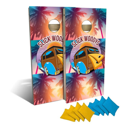 Slick Woody's Professional-Grade Cornhole Boards - 4'x2' Solid Wood Regulation Beach Corn Hole Toss Game with 8 Resin Filled Bags - color: Sticker