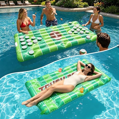 Football Pool Float & Inflatable Beer Pong Table - 6ft Heavy Duty Reversible Pool Floats for Adults, Complete Game Set for Party, Lake & Tailgate, Includes Balls, Cups, Pump, Stakes & Bag - color: Football