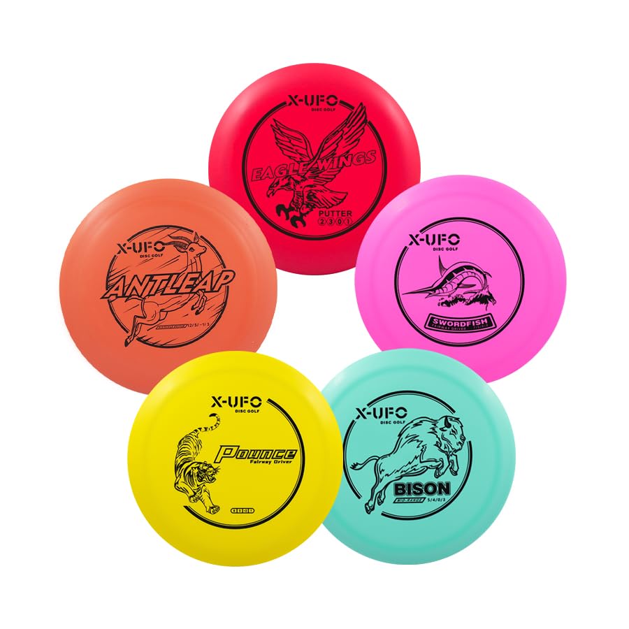 X-UFO Disc Golf Set - Beginner Disc Golf Set 5 Pack with Putter,Driver,Mid-Range,Mini Discs,157-175g