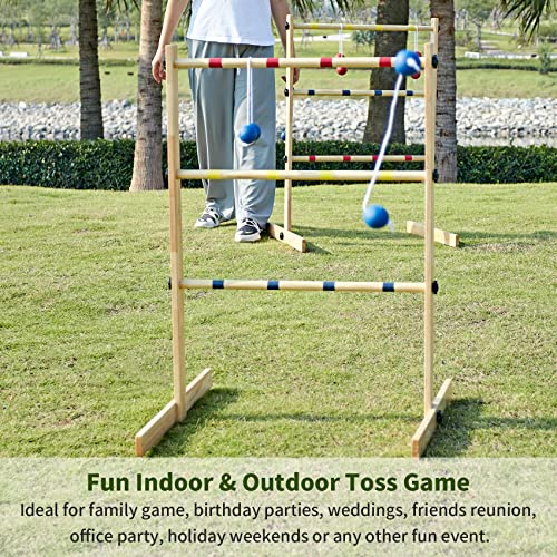 ApudArmis Ladder Toss Game Set, 35x26In Pine Wooden Golf Ladder Lawn Game with 6 Bolos Balls and Carrying Case - Outdoor Backyard Game for Teens Adults Family（New Version Sturdy Bolts）