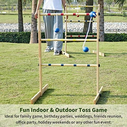ApudArmis Ladder Toss Game Set, 35x26In Pine Wooden Golf Ladder Lawn Game with 6 Bolos Balls and Carrying Case - Outdoor Backyard Game for Teens Adults Family（New Version Sturdy Bolts）