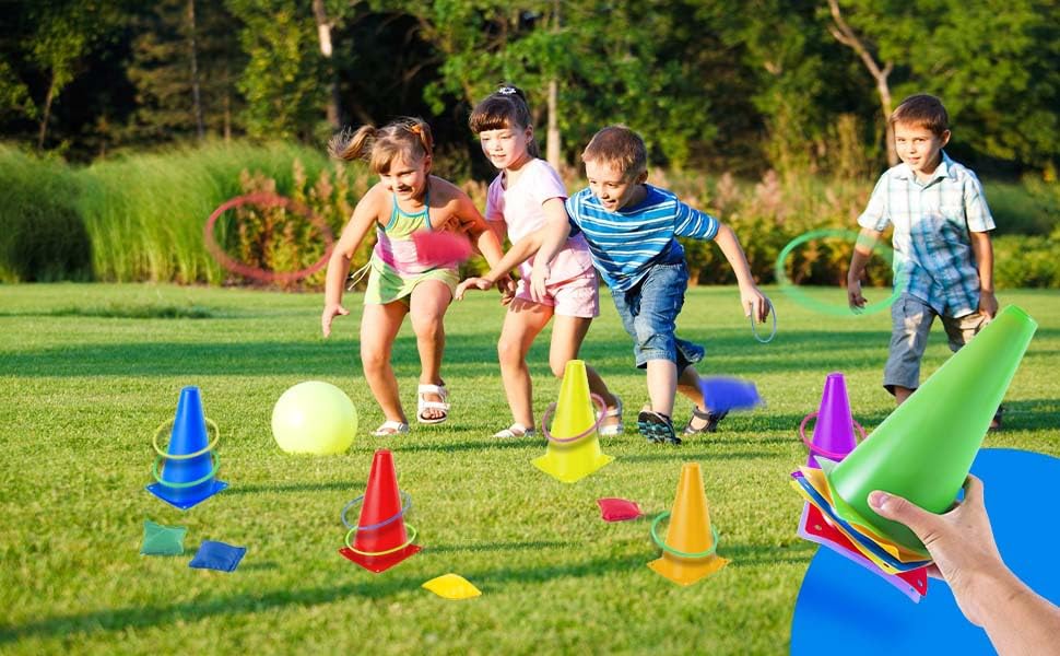 26 Pcs Colorful Ring Toss & Bean Bag Combo Set – Outdoor Carnival Games with 10 Rings, 6 Cones (7.1″), 10 Bean Bags – Backyard Throwing Games for Kids Adults Birthday Party, Field Day, School Festival