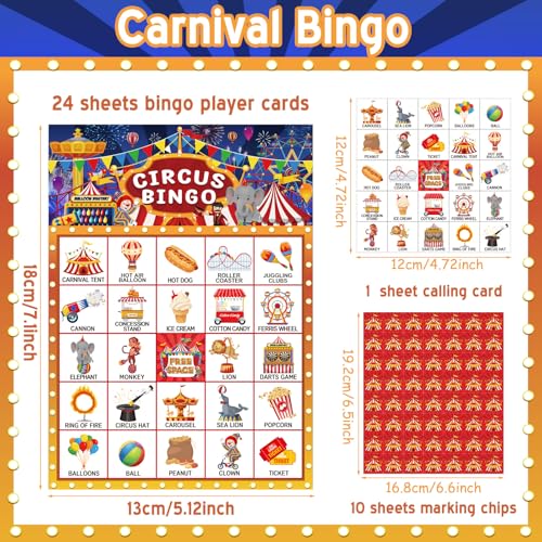 Liliful 35 Pcs Carnival Party Games 24 Players Circus Bingo Games Carnival Bingo Cards for Boys Girls Adults Family Classroom Activities Birthday Party Favors Supplies