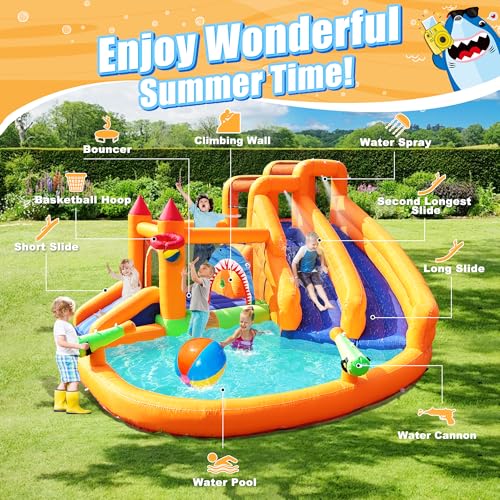 Inflatable Bounce House, Triple Water Slide for Kids with Double Cannon, Climbing Wall, Jumping, Splash Pool, Basketball Hoop for Outdoor Backyard Party, 10 in 1 Giant Castle Included 550W Air Blower