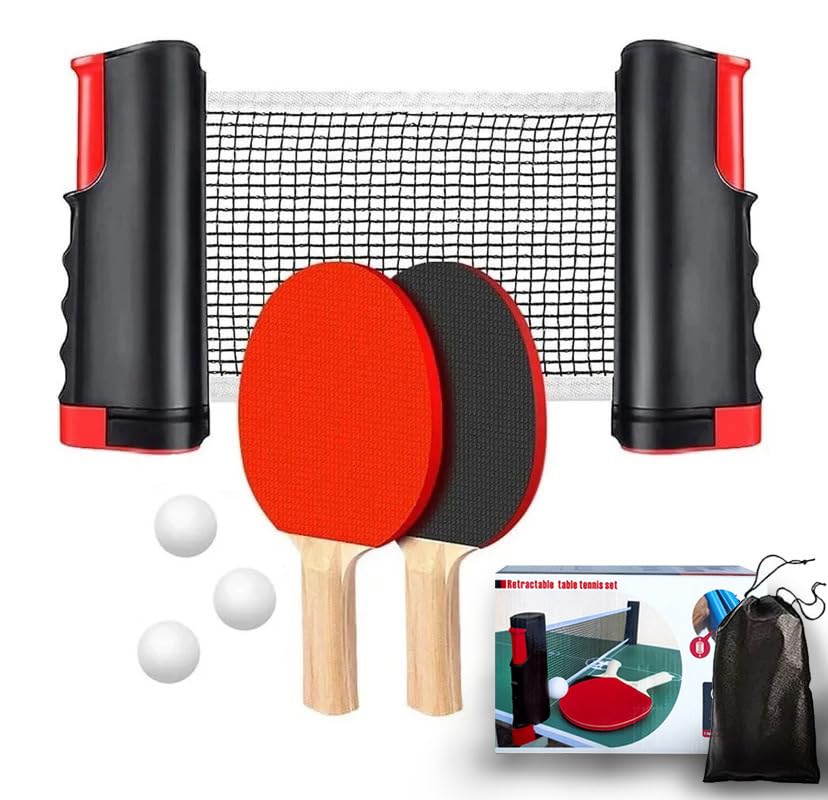Retractable Table Tennis Set, 2 Rackets with Wooden Handles, Portable Net, 3 Balls, Storage Bag Included