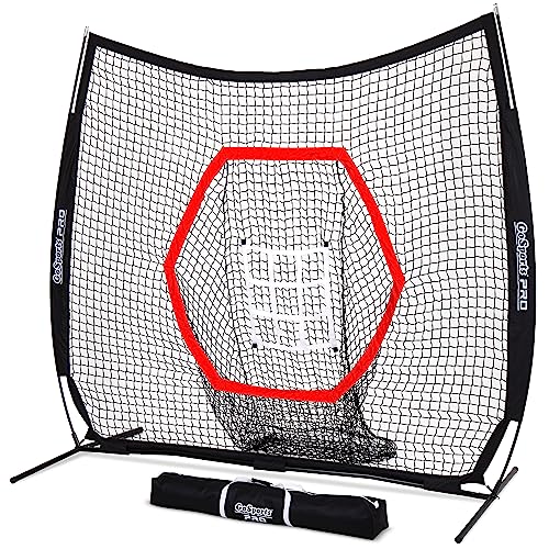 GoSports 7 ft x 7 ft Baseball & Softball Nets - Red, Black, Drip or PRO - Practice Hitting & Pitching Net with Bow Type Frame, Carry Bag and Strike Zone, Great for All Skill Levels - color: Pro