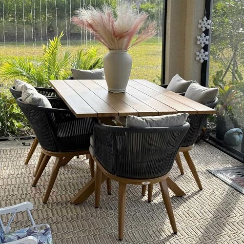 PURPLE LEAF 7 Pieces Patio Dining Set Wicker Outdoor Furniture Rectangular Table and Chairs Set for Garden Deck Teak-Finish Aluminum Frame Backyard Kitchen Set, Cushions and Pillows Included - color: Teak, size: 7 Pcs, style: Rectangular