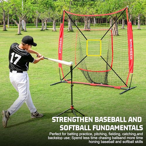 Storgem Baseball and Softball Practice Net 7×7ft Portable Hitting Pitching Batting Training Net Baseball Backstop Net with Batting Tee and Strike Zone and Bow Frame - color: Red