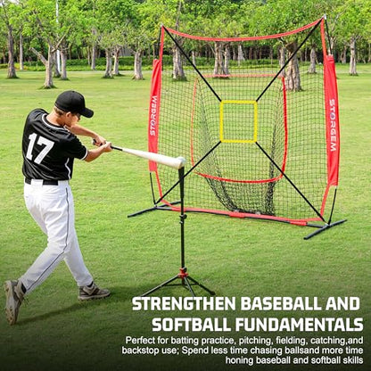 Storgem Baseball and Softball Practice Net 7×7ft Portable Hitting Pitching Batting Training Net Baseball Backstop Net with Batting Tee and Strike Zone and Bow Frame - color: Red