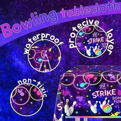 Bowling Birthday Supplies Tablecloth 3Pcs Let's Strike Up Some Fun Bowling Party Decorations Rainbow Neon Glow Girls Birthday Party Favors Disposable Plastic Table Cover